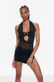 Beno Mesh Plunge Ruch Halter Yaka Mini Elbise