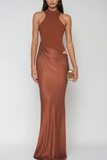 Beres Tank Top Saten Uzun Elbise Kahverengi