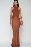 Beres Tank Top Saten Uzun Elbise Kahverengi