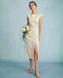 Kayısı Saten Kap Kol Kılıf Yırtmaçlı Midi Elbise