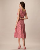 Kadın Kırmızı U Yaka Ekose Midi Elbise