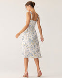 Mavi Çiçekli U Yaka A Kesim Midi Elbise