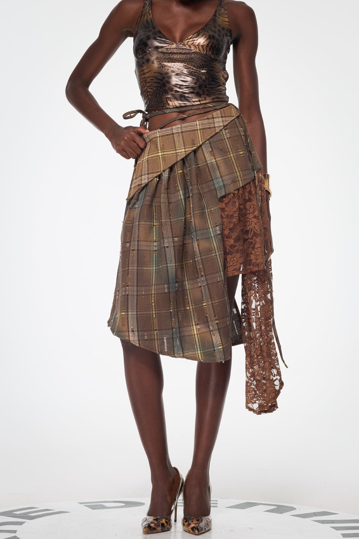 Bahman Patchwork Asimetrik Ekose Midi Etek