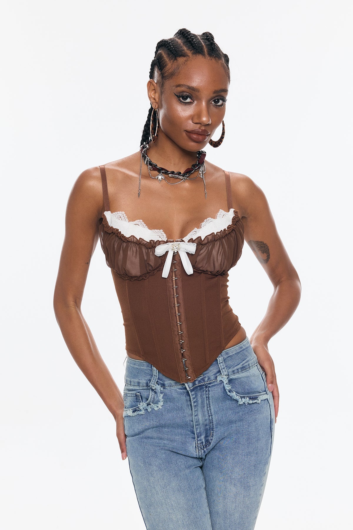 Bender Korse Dantel Spagetti Dar Üst Kahverengi