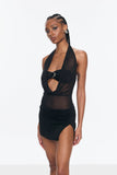 Beno Mesh Plunge Ruch Halter Yaka Mini Elbise