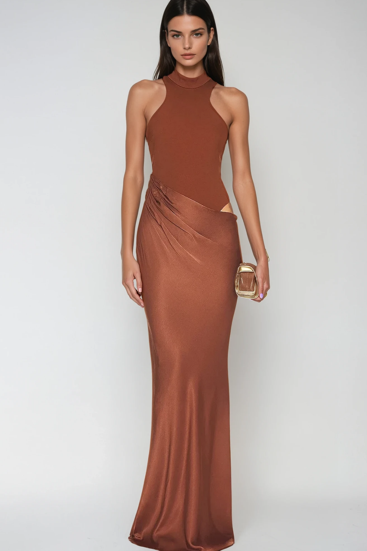 Beres Tank Top Saten Uzun Elbise Kahverengi