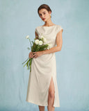 Kayısı Saten Kap Kol Kılıf Yırtmaçlı Midi Elbise