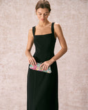 Siyah Kare Yaka Kılıf Midi Elbise