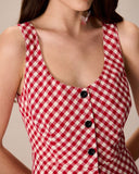 Kadın Kırmızı U Yaka Ekose Midi Elbise