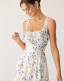 Mavi Çiçekli U Yaka A Kesim Midi Elbise